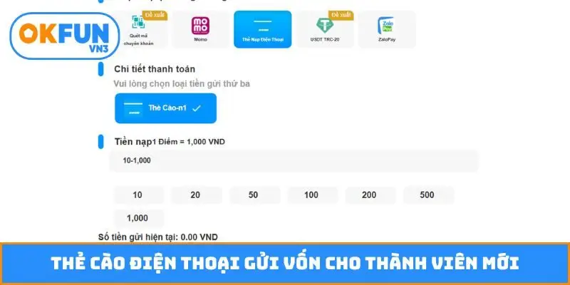 Thẻ cào điện thoại gửi vốn cho thành viên mới